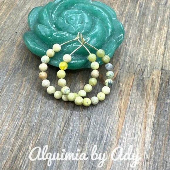 GOLD AND TURQUOISE BEADED HOOPS - Picture 1 of 2